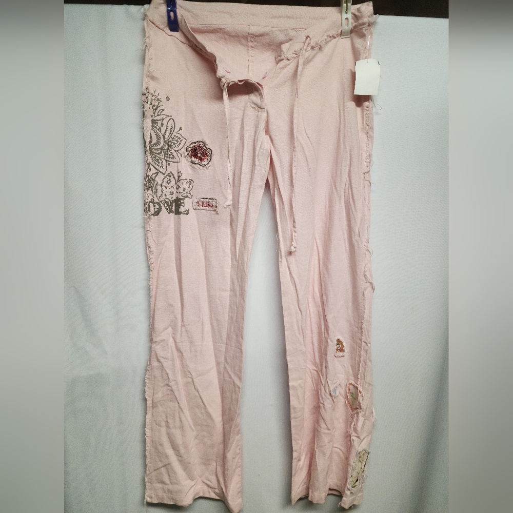 Aziz Pink Linen Drawstring Loungers. Patches. Sz Large. New